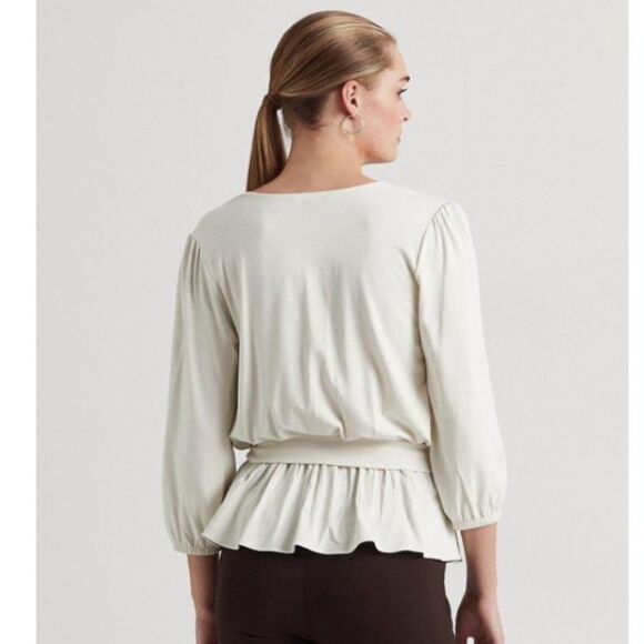 NWT LAUREN RALPH LAUREN JERSEY PEPLUM BELTED SIDE TIE BLOUSE/TOP CREAM M $98 - Picture 3 of 9